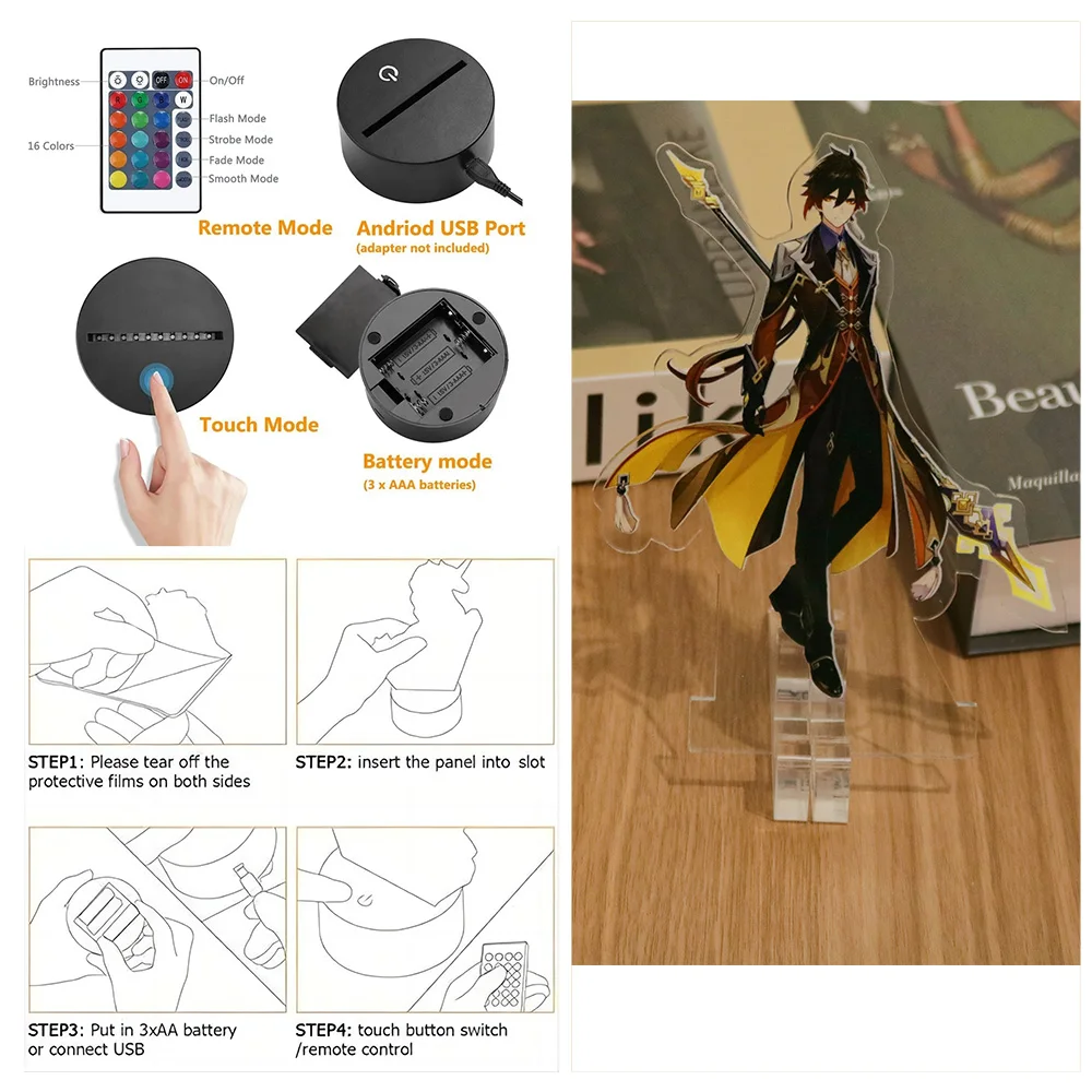 3D светодиодный светильник Genshin Impact Zhongli HuTao Xiao Shenhe