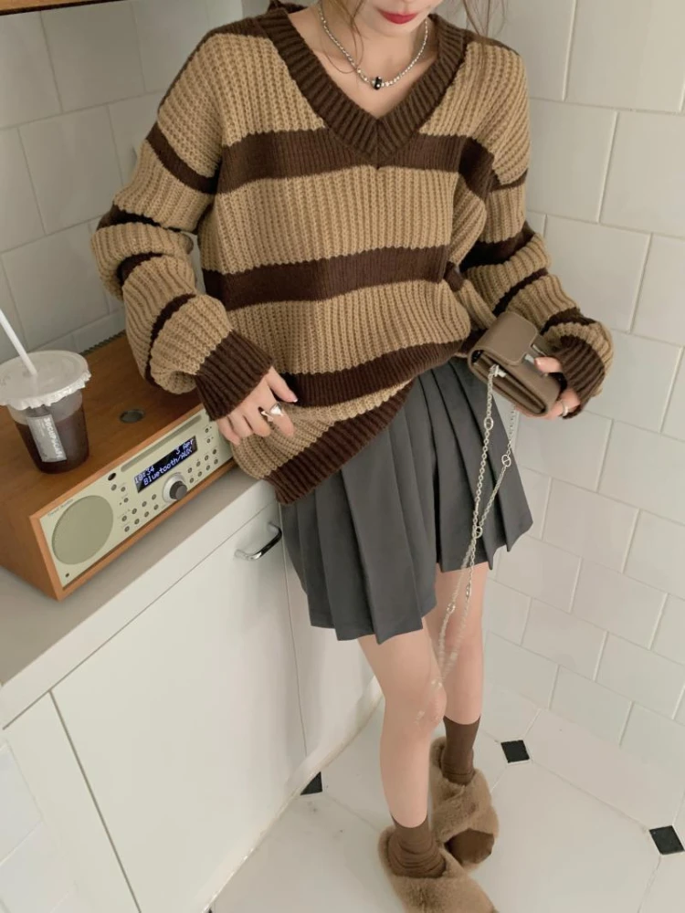 

Korean Fashion Loose Sweater Women Autumn Winter Striped Knitted Pullovers High Street Casual Long Sleeve Tops V-Neck
