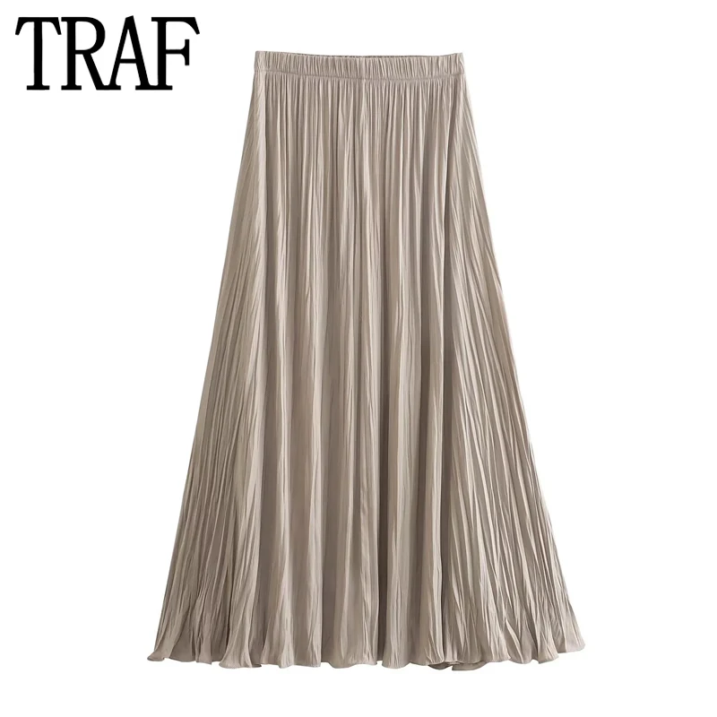 

TRAF Summer Pleated Long Skirts For Women Fashion 2023 Ruched High Waist Midi Skirt Asymmetric Chic And Elegant Woman Skirt
