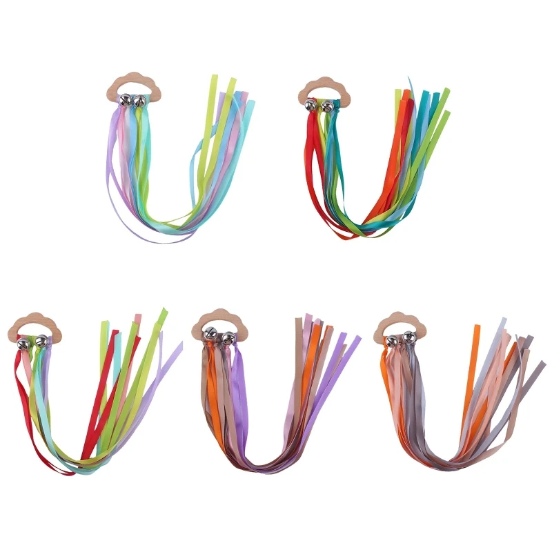 

Rainbow Ribbon Wooden Cloud Baby Teether with Bells Rattle Nursing Chewing Teething Bracelet Non-toxic