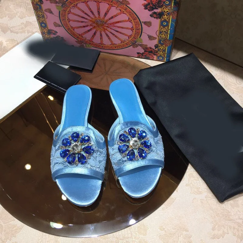 2023 New Summer~Lace Flatsole Slippers with Mesh Breathable Rhinestones on the Outside~Women's Sandal Slippers