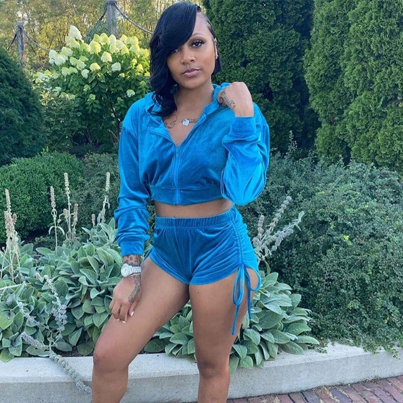 Hooded Velvet Tracksuit Women Sportwear Fall Winter 2 Piece Set Shorts and Top Zipper Two Outfit Sets 2022 |