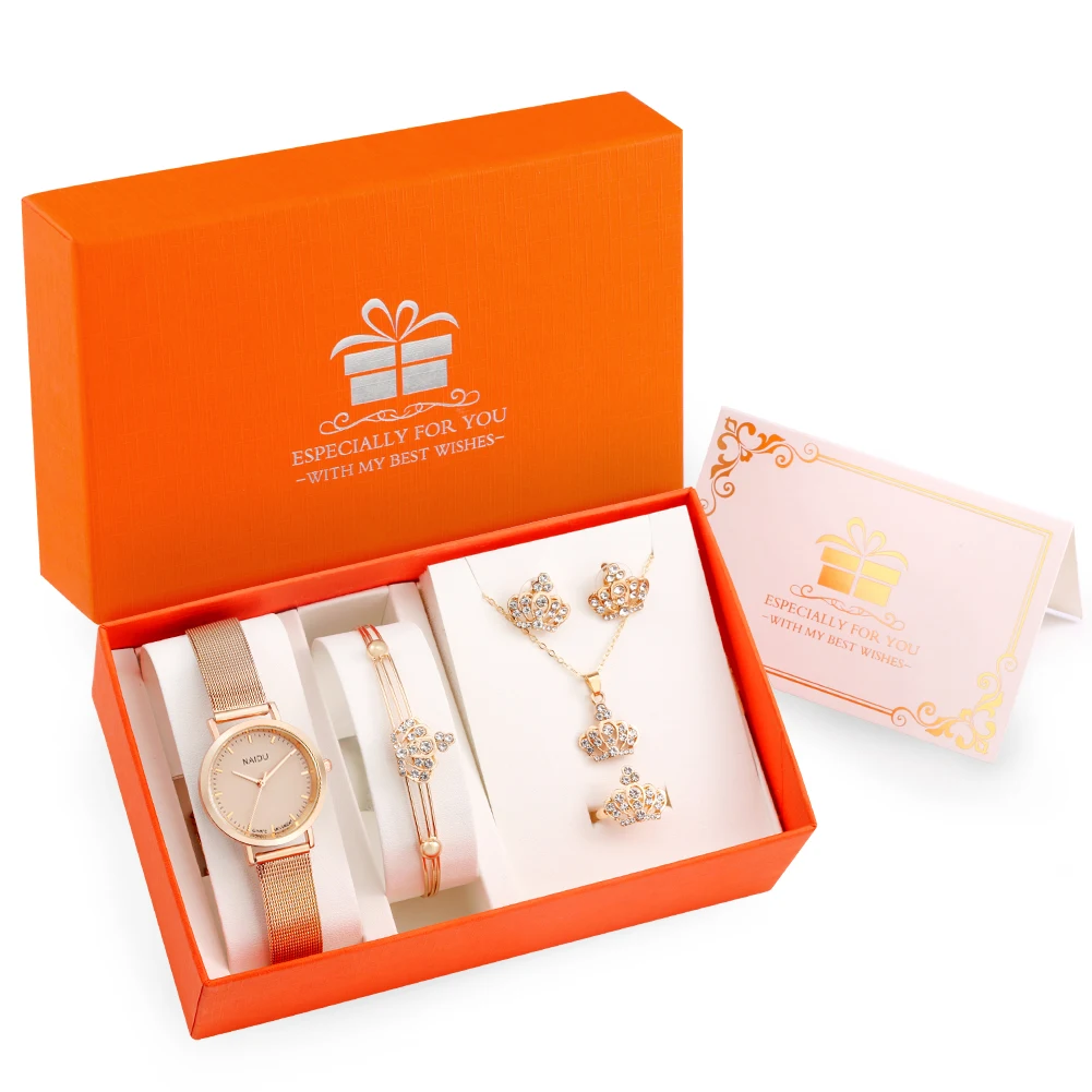

Precision Quartz Movement Luxury Women's Watch Pink Surface Fine Diamond Crown Jewelry Fashion Women's Watch Jewelry Gift Set