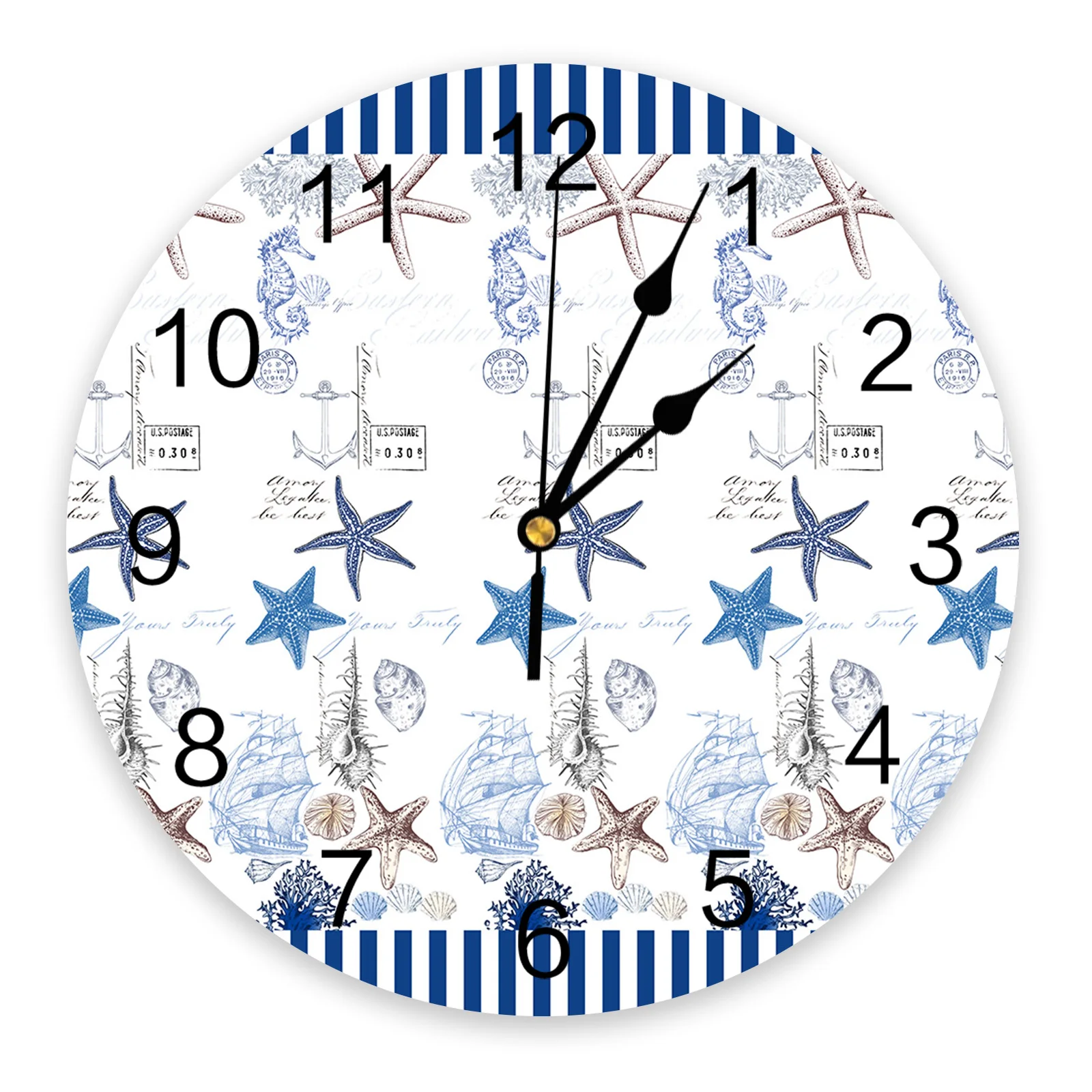 

Blue-brown Ocean Starfish Shell Bedroom Wall Clock Large Modern Kitchen Dinning Round Wall Clocks Living Room Watch Home Decor