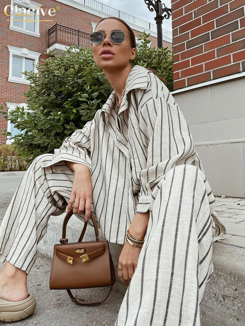 Clacive Fashion Striped Print Two Piece Pants Sets Women Outifits Autumn Casual Loose Long Sleeve Blouse With Wide Trouser Suits