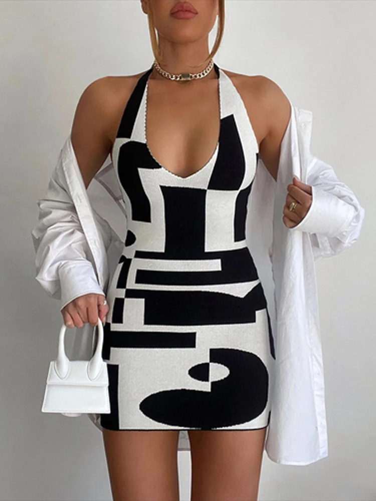 

Летнее сексуальное вечернее платье с лямкой на шее на шнуровке, женское элегантное облегающее мини-платье с принтом, женские модные платья ...