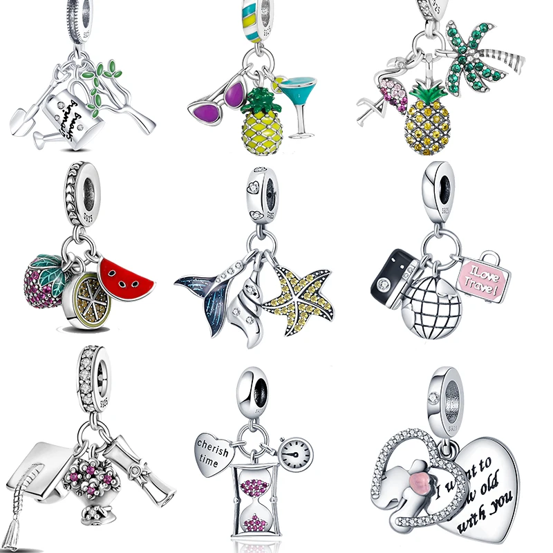 925 Silver Charms Three Dangle Beach Globe Starfish Fit Original Pandora Bracelets & Necklace Beads For DIY Women Jewelry Gifts