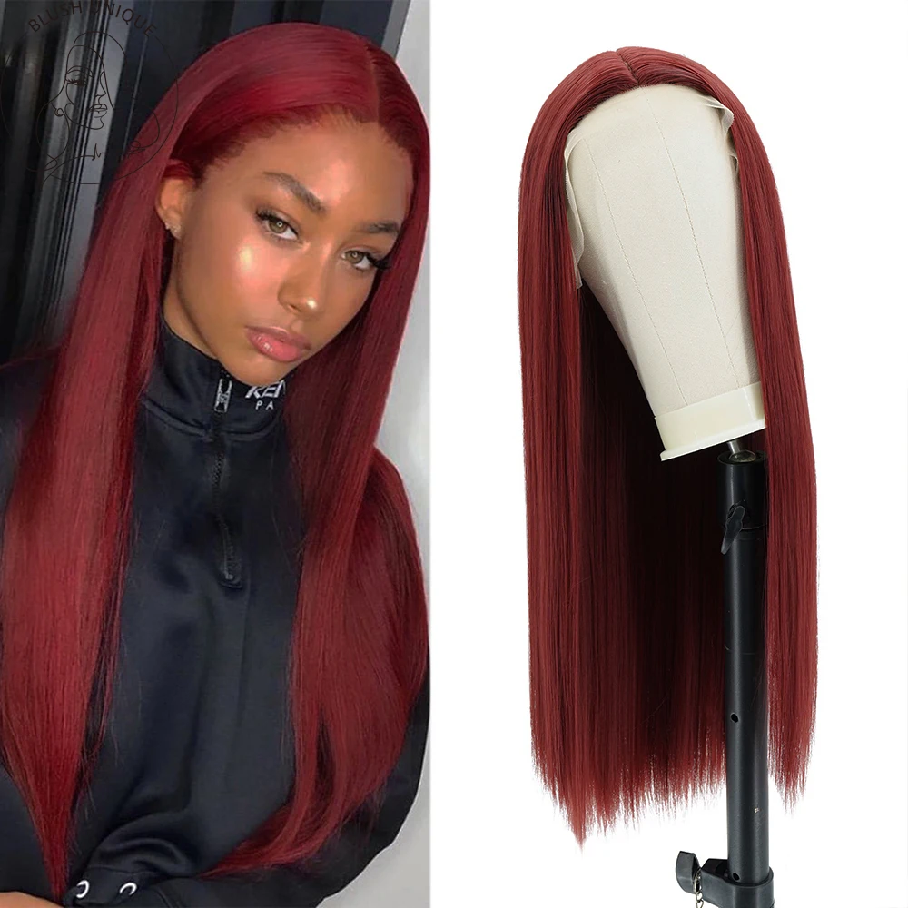 99J Burgundy Wig Wine Red Straight Synthetic Wigs For Black Women Glueless Middle Part Heat Resistant Hair Wigs Cosplay Party