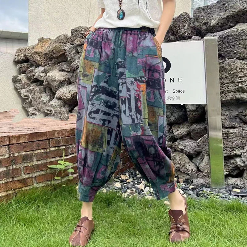 

2022 Spring Summer Arts Style Women Elastic Waist Vintage Print Ankle-length Loose Pants Casual cotton linen Harem Pants C217