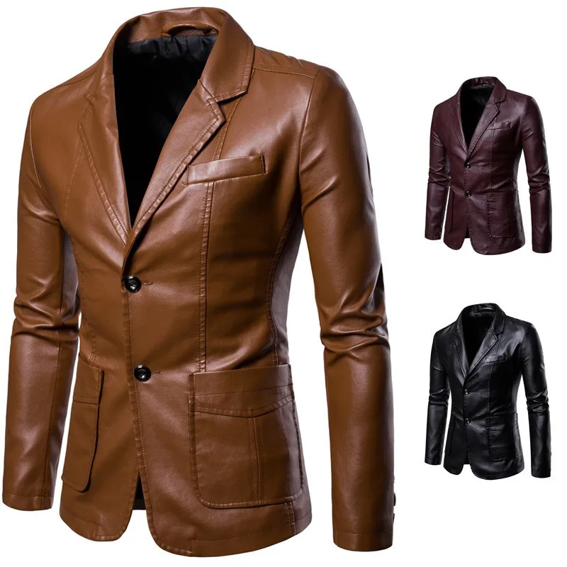 M-6XL 4 Colors! 2023 New Men's Slim Fit Polo Collar Versatile PU Leather Suit Jacket Handsome Trend Men Jackets