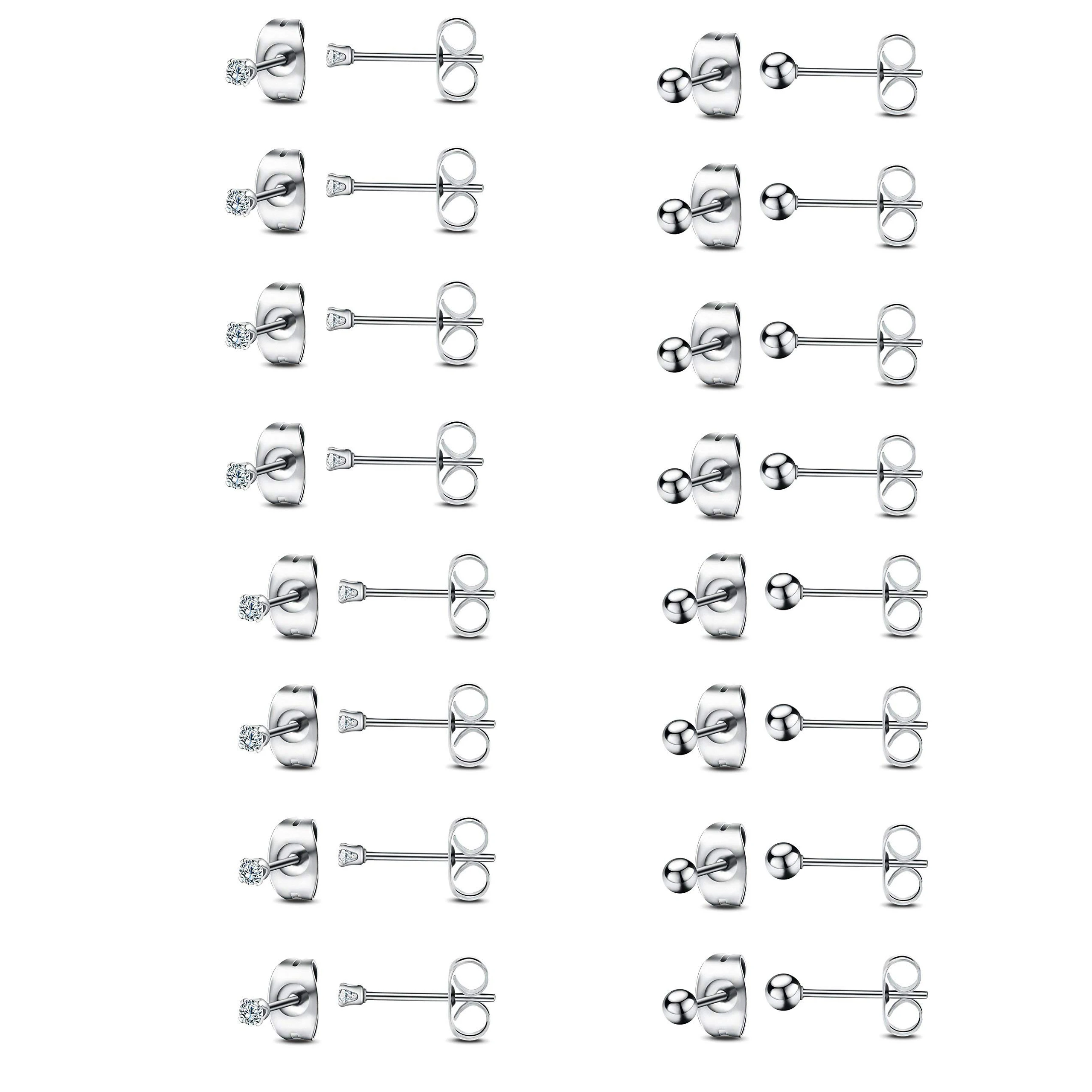 

16 Pairs Stud Earrings Stainless Steel Round Clear CZ Ball Tiny Stud Earrings Set for Women Men Cartilage Earrings