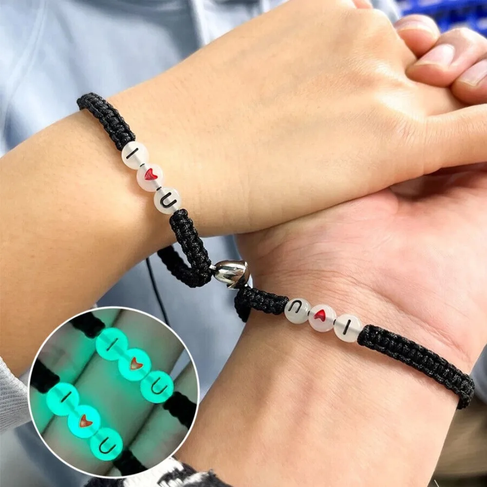 

Black Couple Bracelet Heart Shaped Design Luminous Glow Letter Hand Rope Rope Magnetically Attracted Popular Jewelry Bracelet