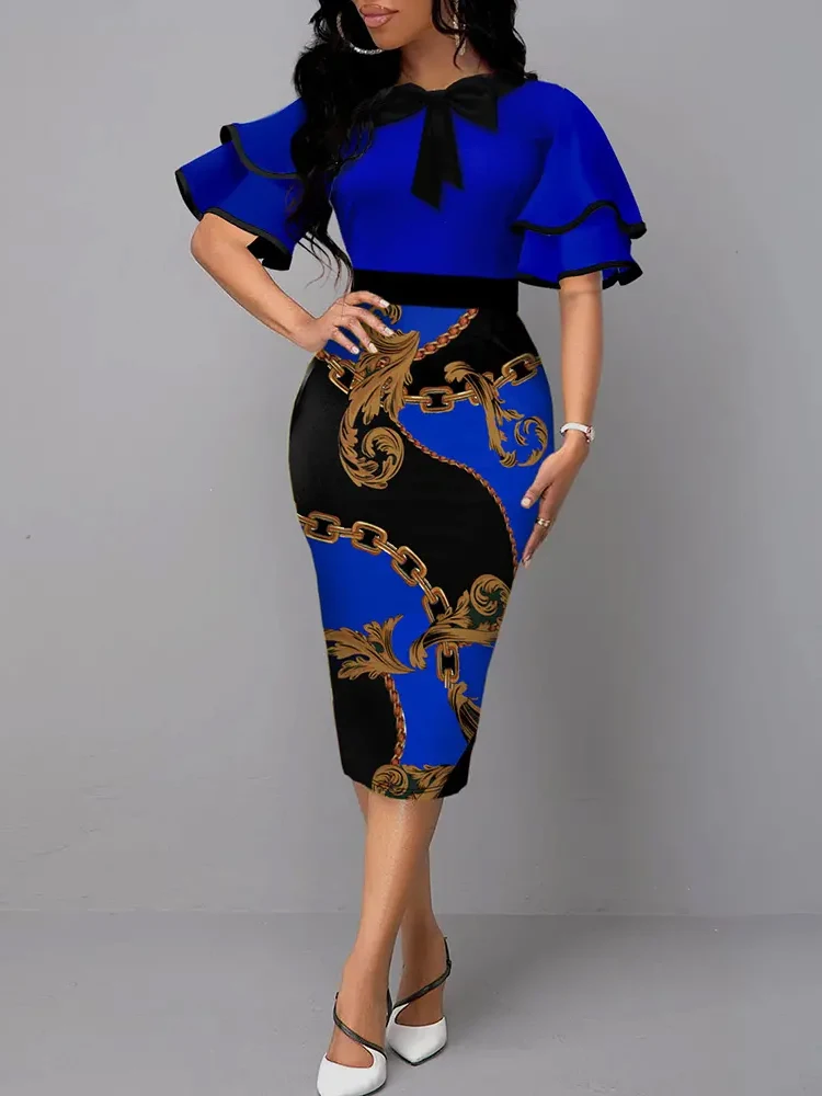 

Shein Romwe 2022 Summer Dresses For Women Ruffle Hem Baroque Chain Print Bowknot Decor Work Dress Vestidos Casual Midi Dress