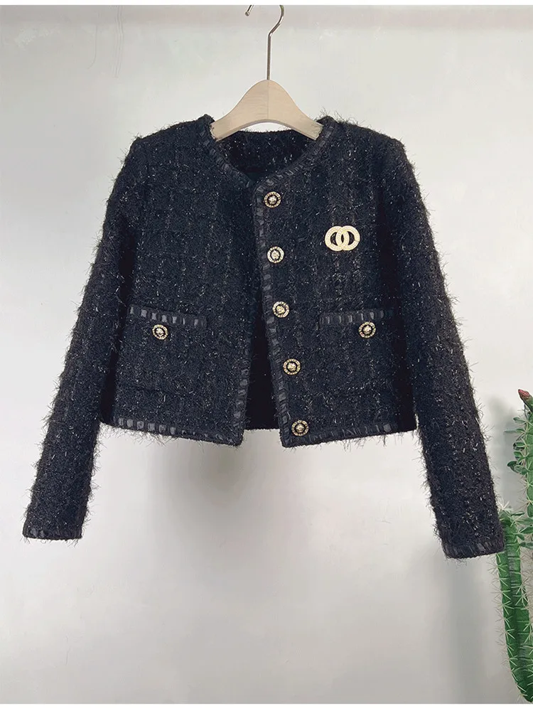 

DALMAZZO Fall Winter Designer Vintage Weaving Tweed Short Jacket Women Single-Breasted French Outerwear Long Sleeve Coats Female