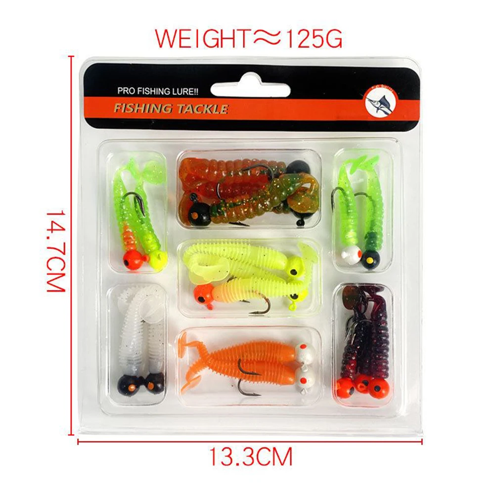 34pcs Fishing Soft Bait Set Threaded T-Tail Colorful Lure Baits Fish Hooks T Tail Color Lead Hook Good Attraction Tackle enlarge