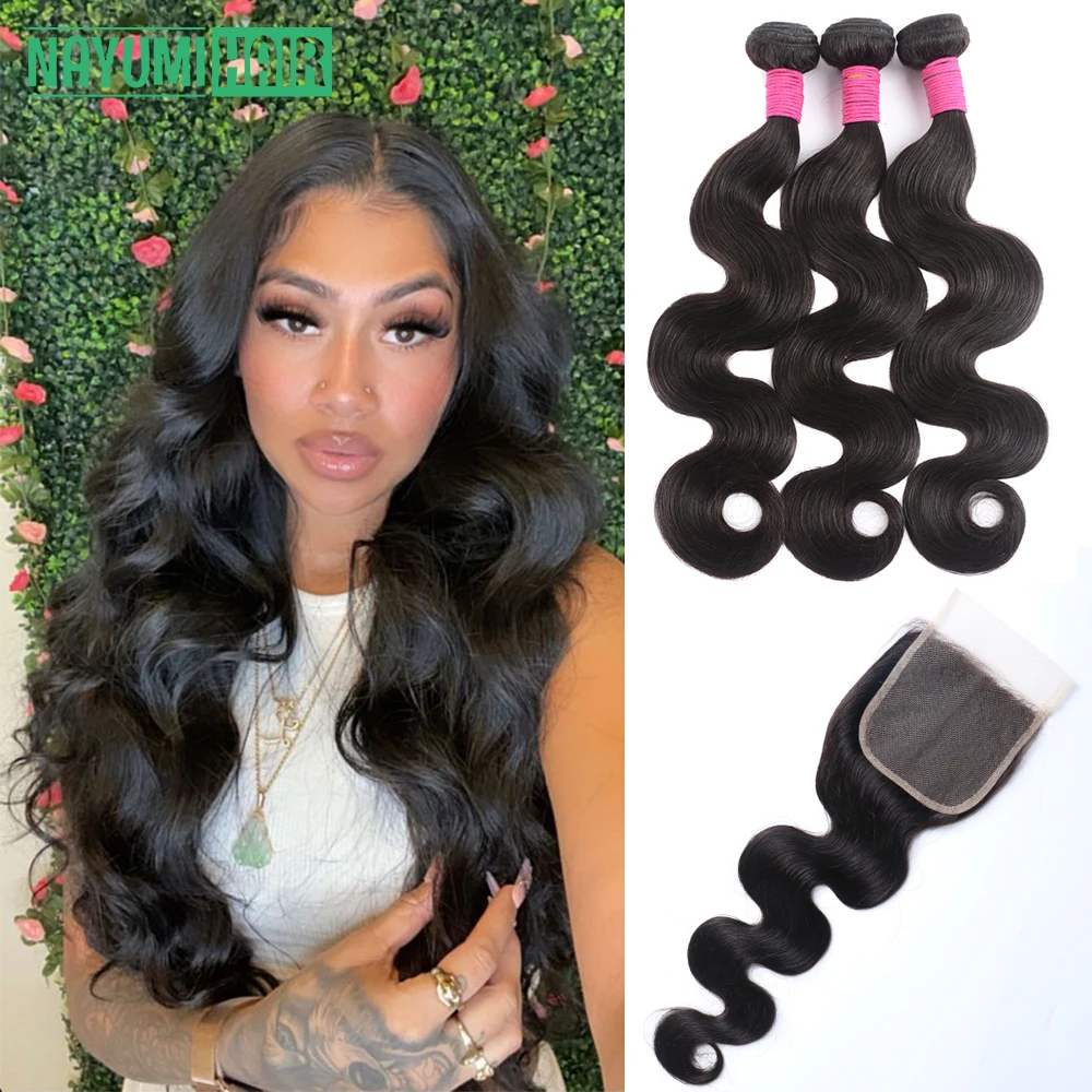 

Body Wave Bundles Human Hair 4x4 Lace Closure Wig Brazilian Weaving Natural Black 3 Bundles Deal Virgin Hair Raw Hair Extensions