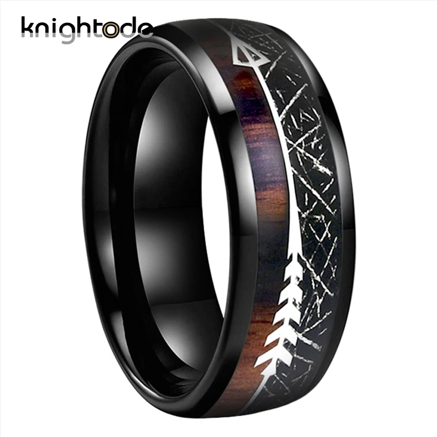 

Black Meteorite/Koa Wood Unique Texture Inlay Black Tungsten Carbide Ring For 8mm Men Women Wedding Slivery Arrow Dome Polished