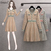 ehqaxin 2022 autumn new womens knitted dress fashion french a shaped v neck casual printed knitted dresses for female l 4xl