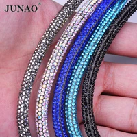 junao 1 meter aquamarine glass rhinestone chain cord crystal tube applique strass trim banding for crafts jewelry decoration