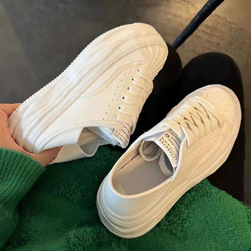 2023 5cm Chunky Sneakers Genuine Leather New Wedge Platform Shell Toe Breathable Vulcanized Summer Fashion Lace Up Ladies Shoes