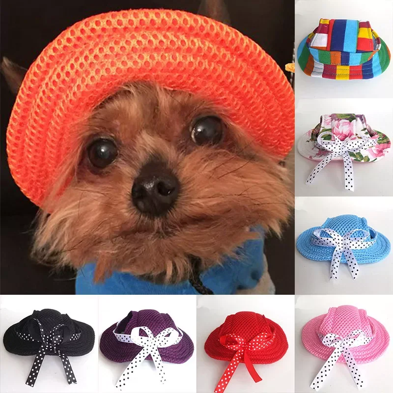 

2022New Cute Pet Dog Sun Hat Summer Sunhat Cloth Outdoor Accessories Mesh Cloth Princess Cap Pet Bow Round Hat Flower Strip Bre