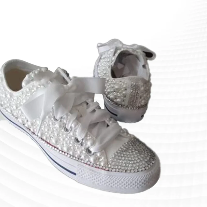 

Beige low top pearl rhinestone ribbon accessories custom canvas shoes comprehensive sports and leisure shoes women's shoes 35-46