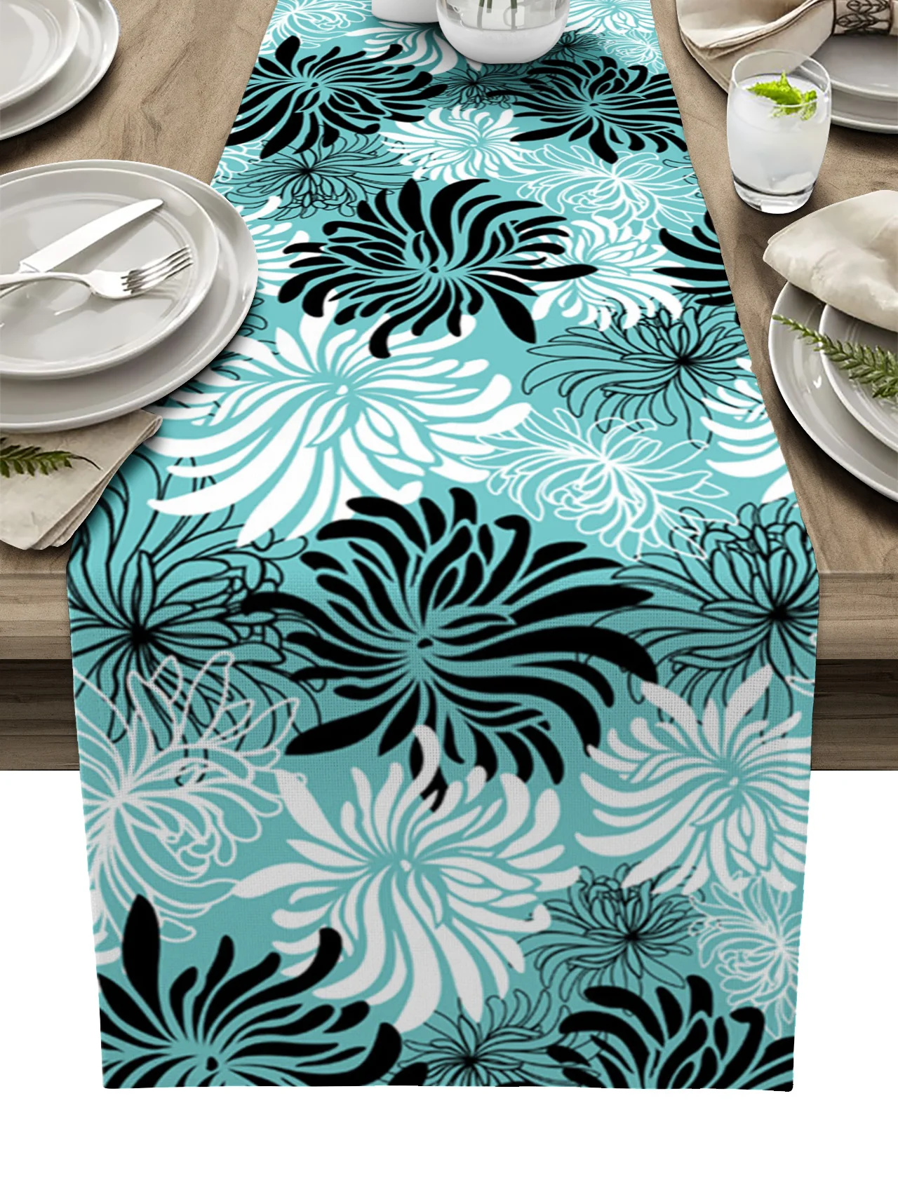 Светло-зеленая Хризантема черно-белая текстура Ретро Настольная дорожка