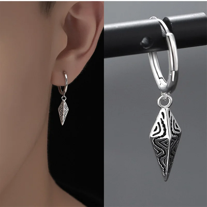 

Three-dimensional Cone Ear Buckle Men's Jewelry Trendy 925 Silver Earrings Male Personality Retro Hanging Hoops Ear Accessories