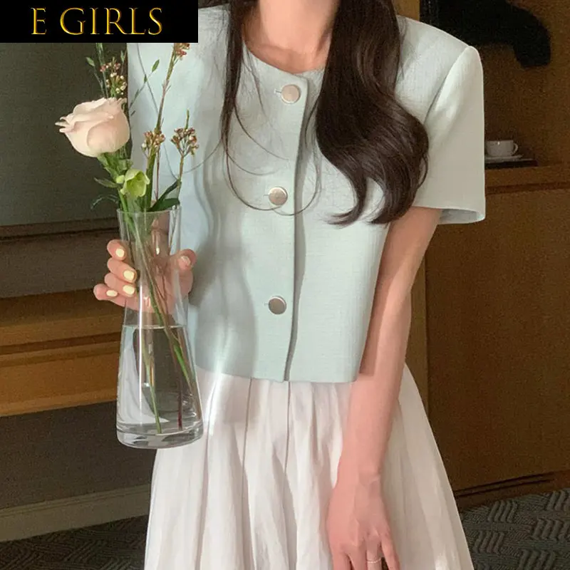 

E GIRLS French Temperament Loose Coat O Neck Metal Single-breasted All-match Tops 2023 Summer Small Fragrance Short-sleeved Jack