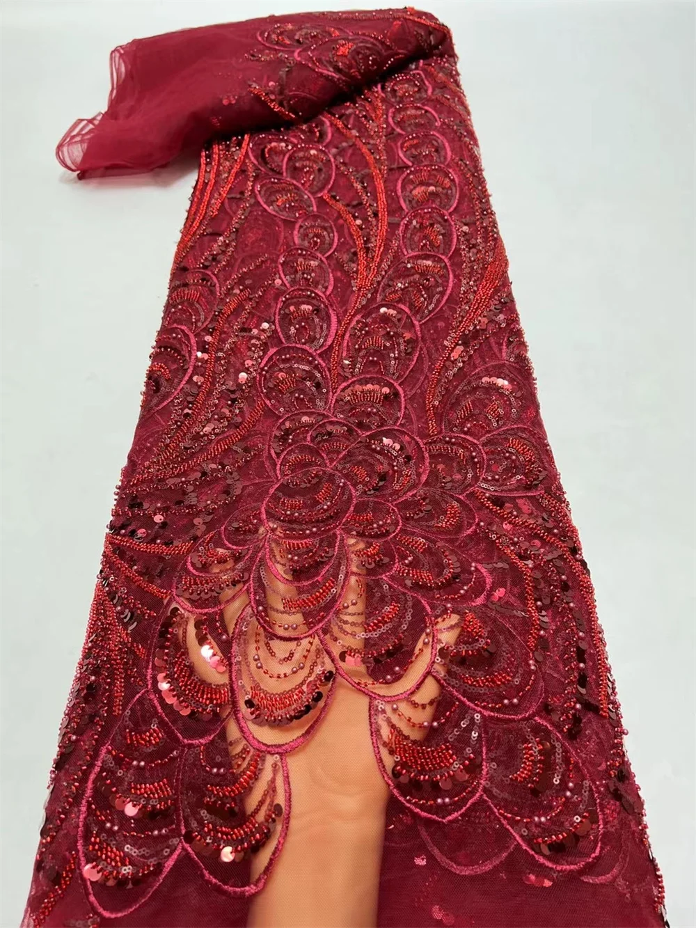 

Дубай 2023 Роскошные бисерные ткани кружевная ткань Шантильи Высококачественная красная кружевная отделка для шитья Роскошные Блестки для выпускного вечера