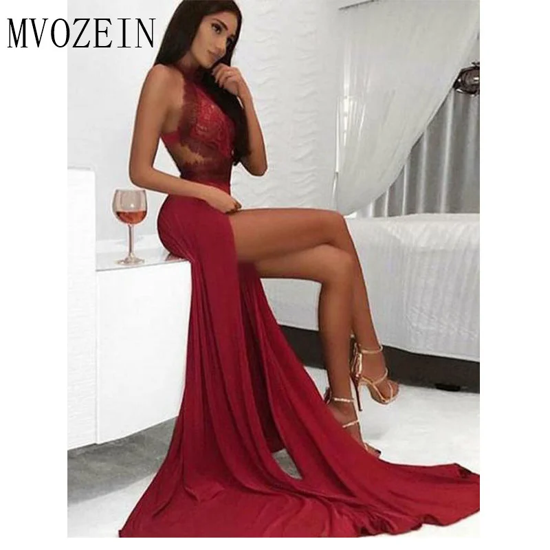 

Женское вечернее платье с юбкой годе, бордовое кружевное длинное платье с лямкой на шее и высоким разрезом, сексуальное платье для выпускно...