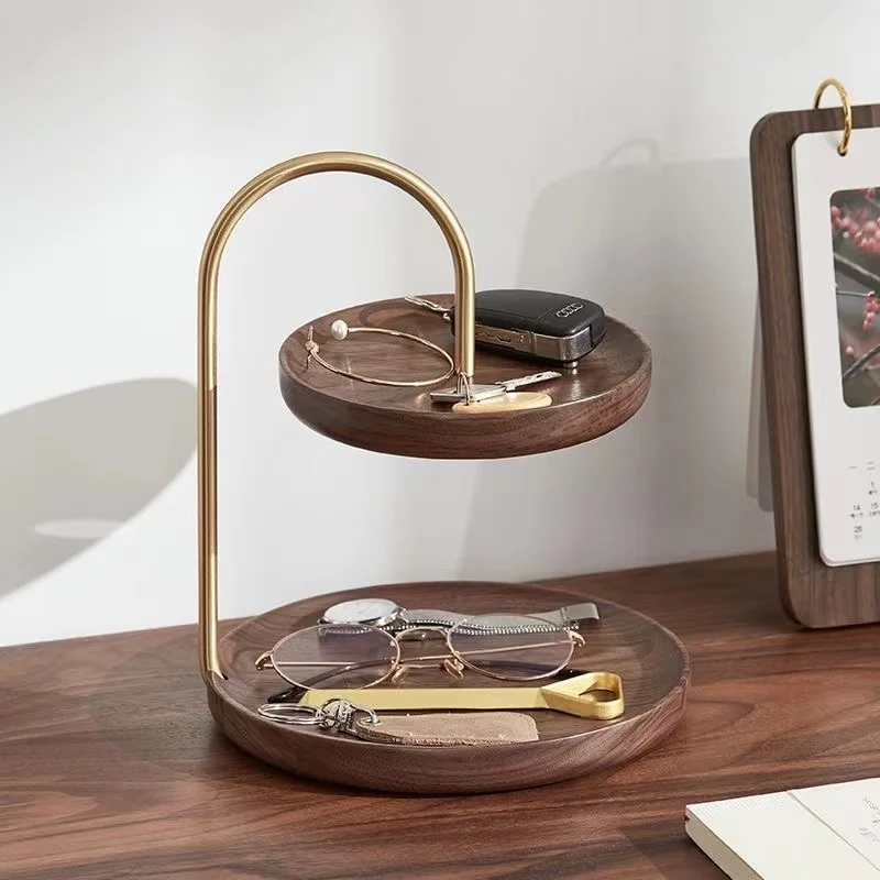 

Walnut Porch Door Entry Key Storage Tray Creative Luxury Key Storage Double-layer Shelf Wooden Jewelry Storage Rack