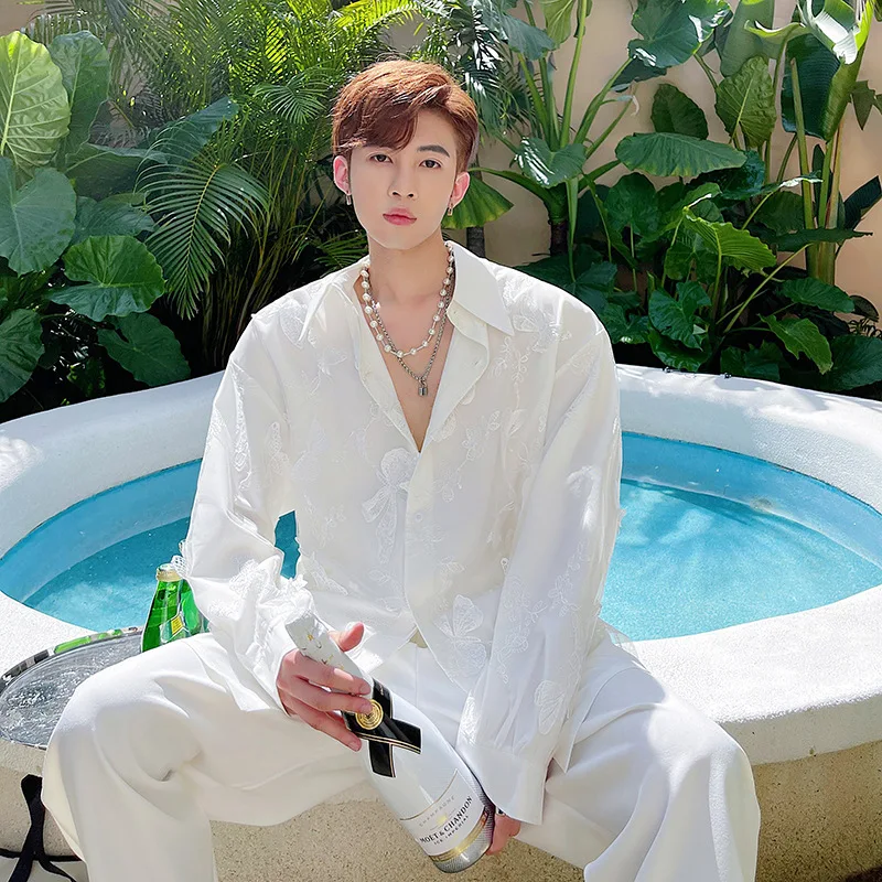 

2023 Мужская свободная повседневная винтажная уличная рубашка с длинным рукавом в Корейском стиле, мужские вечерние Рубашки, Топы с объемной бабочкой, двухслойная сетчатая рубашка