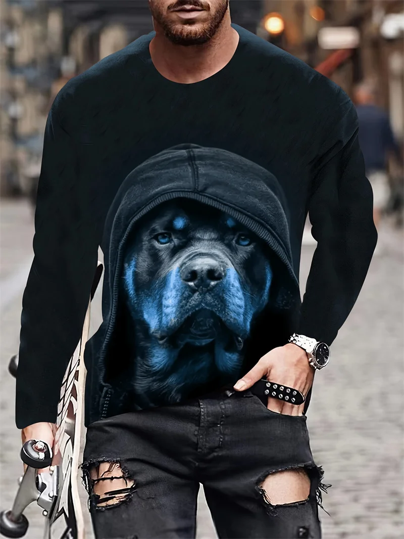 Футболка мужская с 3D-графикой крутой собаки модная тенниска длинным рукавом и