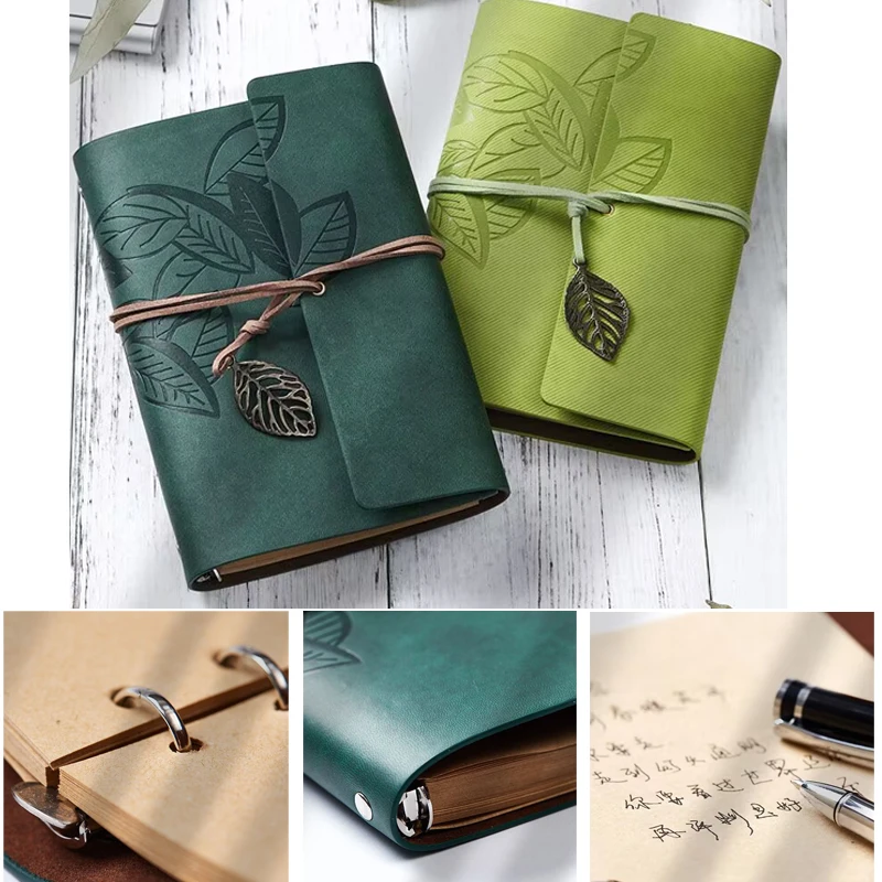 Leather vintage binder leaf notepad business record strapping handbook diary kraft paper soft copy