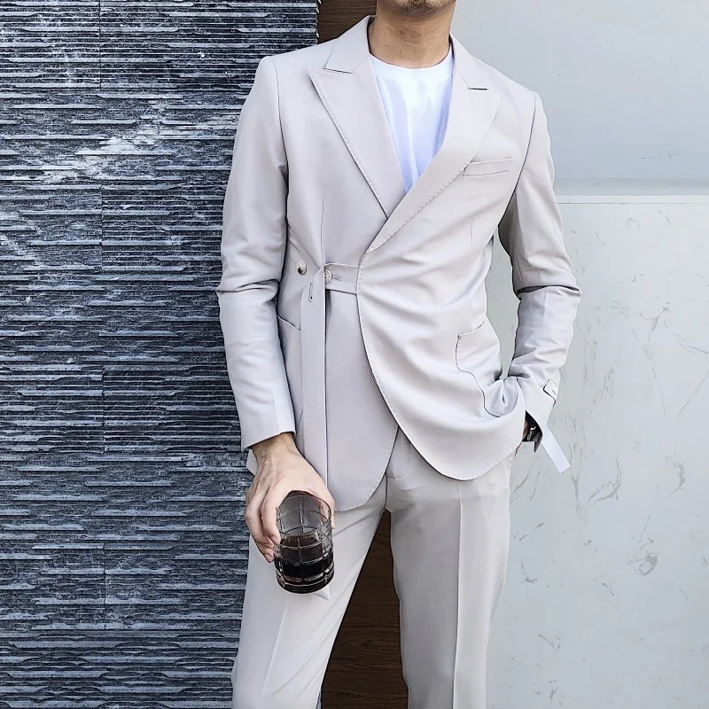 

Blazer 2-piece Suit For Men Tuxedo Suit Asymmetry Button Belt Blazer Suit Men Suit Jacket Men Stylish Blazer Stage Party Club