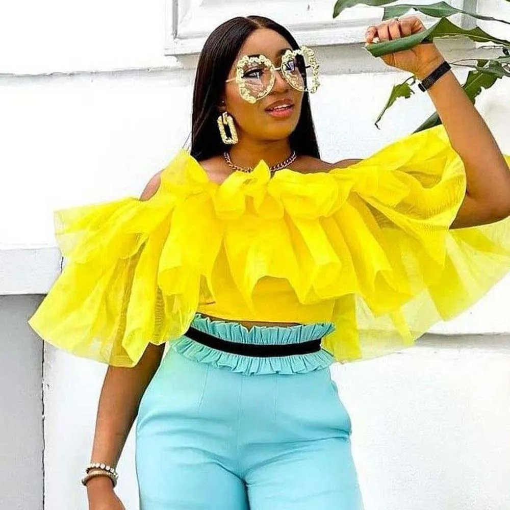 

Women's Blouse Lemon Yellow Sexy One-Neck Ruffle Top Fashion Ladies Shirt 2022 Summer New Women Africa