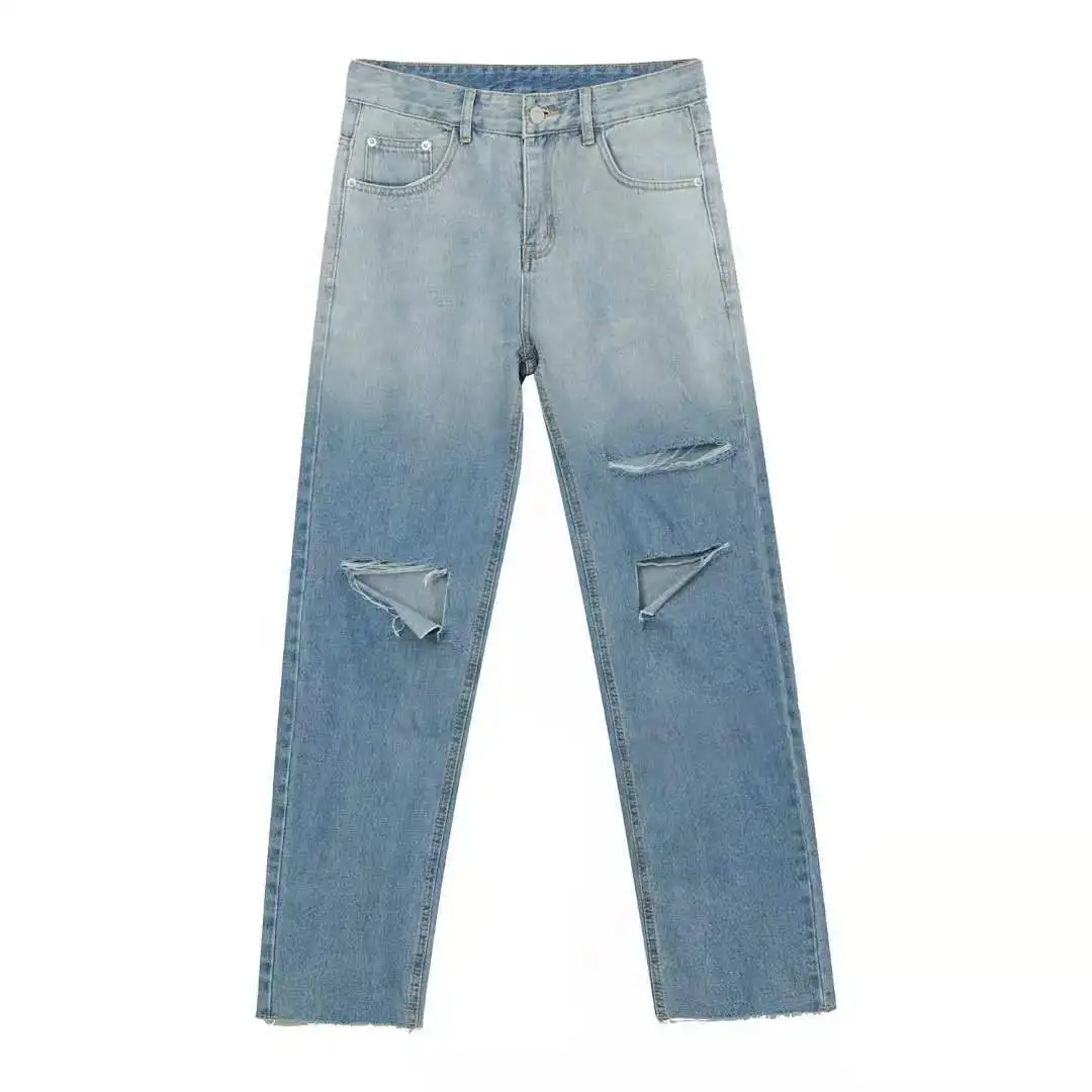 Men's Gradient Jeans Korean Style Straight Pants Design Long Pants Women's Ripped Beggar Wide Leg Pants Streetwear Men  Casual