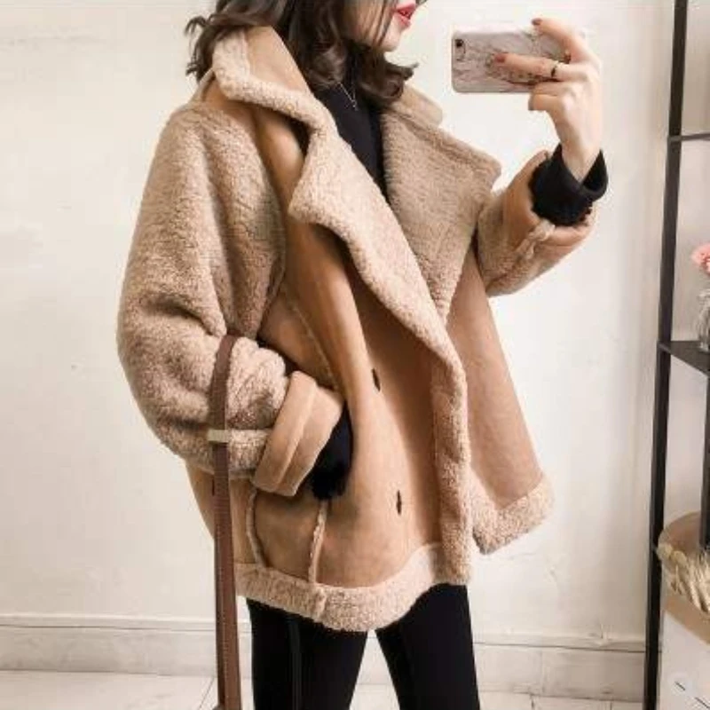 

Leosoxs Winter Costume 2022 New Female Loose Fur Suede Suede Jacket High -quality Short Lamb Mollow Locomotive Jacket