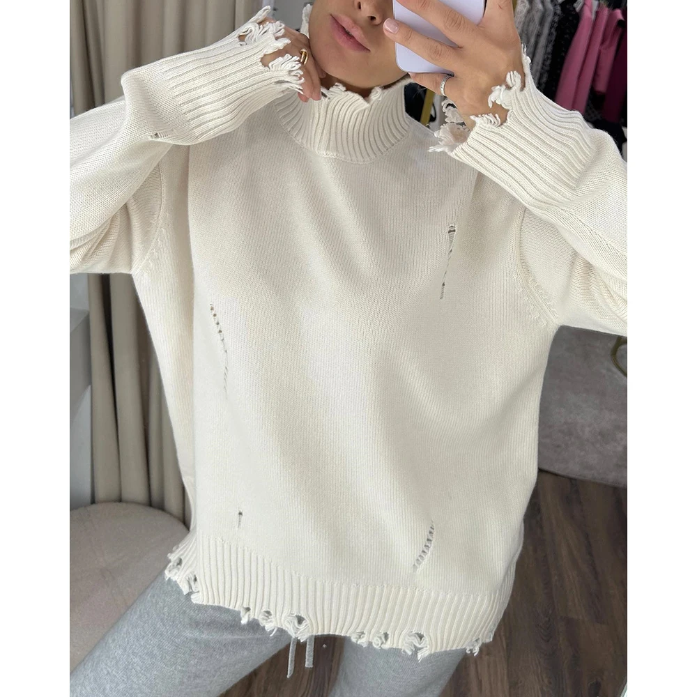 

Ripped Cut Out Casual White Turtleneck Sweater Knitted Winter Grey Long Loose Pullover Knitwear Streetwear Vintage Fashion Fall