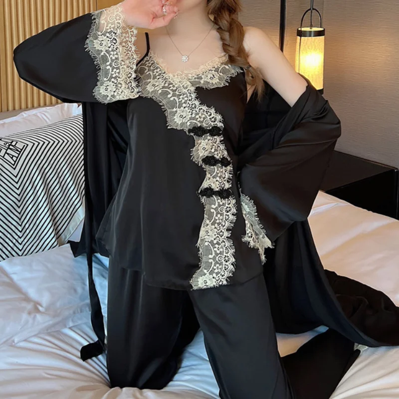 

Three Pieces Sleep Set Women Outfits Lace Patchwork Pajamas Sexy Rayon Home Clothes Summer V-Neck Robe&Sling&Pants Nightwear