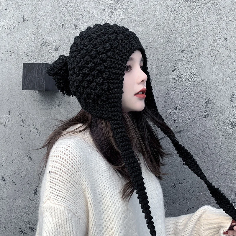 

Korean Girl's Black Hat Cute Protection Wool Hats 2023 Winter Warm Girl's Hats