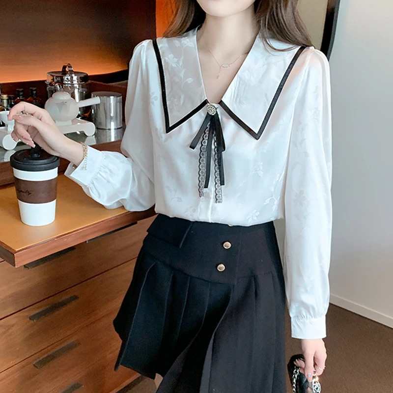 

Fashion Patchwork Tops Elegant White Blouses Office Lady Long Sleeve Chiffon Shirts Women Modest Peter Pan Collar Clothing 24566