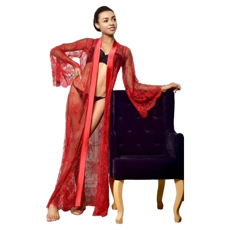 5 Color Women Long Lace Wedding Bride Bridesmaid Robe Kimono Robes Sheer Bath Robe Femme Sexy Long Sleeve Nightgowns Bathrobe