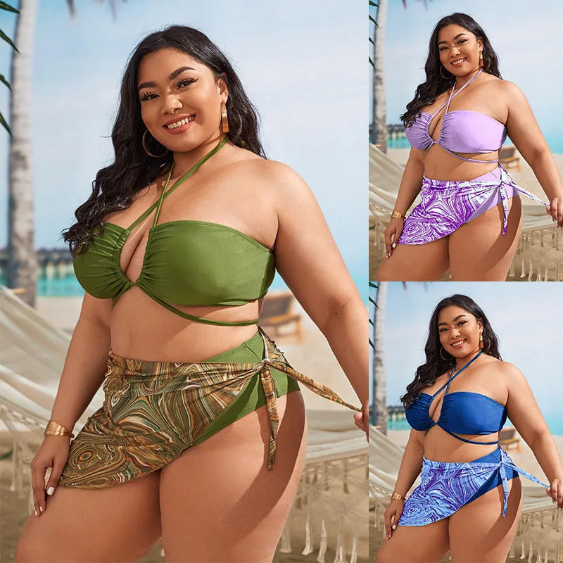 

Купальник большого размера с разрезом, новинка 2022, соблазнительная одежда с перекрестными лямками через шею, комплект из трех предметов с ю...