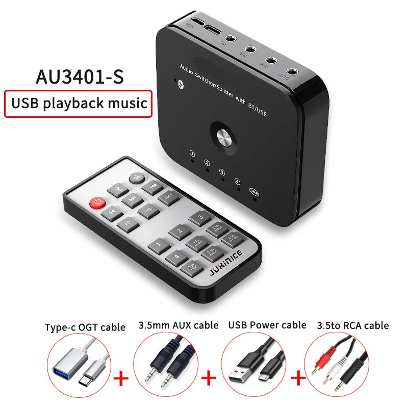 

Bluetooth 5.0 Wireless Receiver Audio Adapter 4-port 3.5mm AUX 4 In 1 Out/1 In 4 Out Switcher Type-C Audio Splitter for PC TV