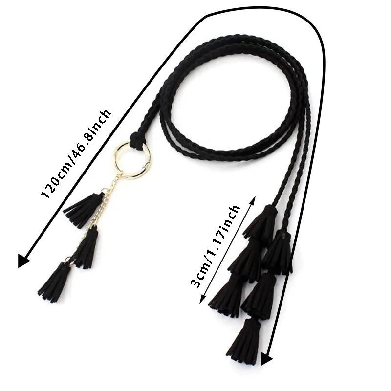 Moda damska jednokolorowy pleciony pasek z frędzlami 2024 nowe dziewczyny Boho cienka talia liny dzianinowe paski do sukienek akcesoria w pasie