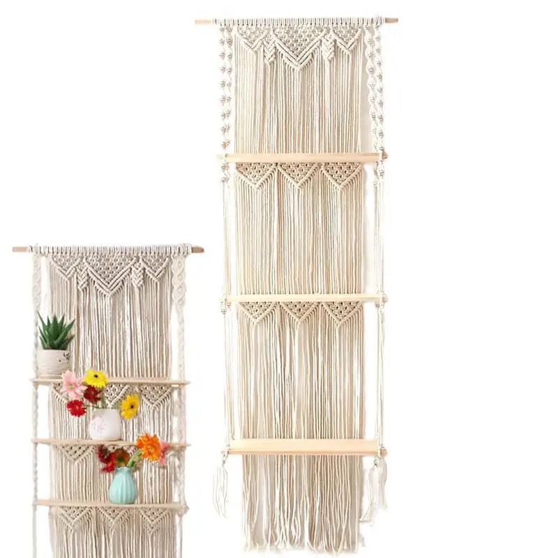 

Плетеная вручную подвесная сумка для хранения гобелен богемное украшение для стен плавающая полка подходит для растений настенная подвесная полка