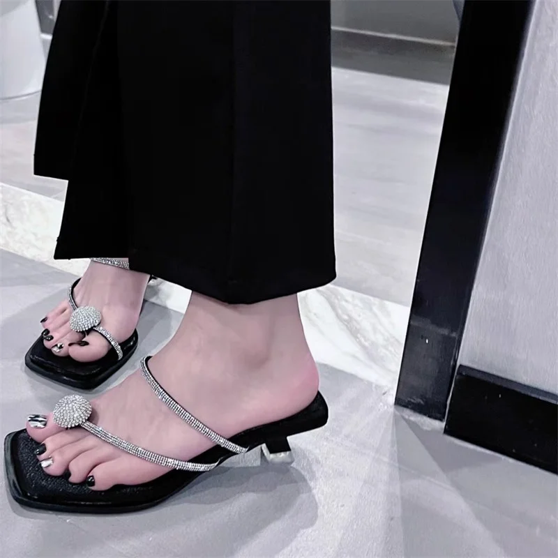 

Женские туфли с ремешком на пятке, туфли-лодочки на высоком каблуке с открытым носком и стразами, лето 2023