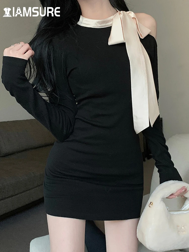 

IAMSURE Office Ladies Patchwork Bow Bodycon Dress Korean Style O-Neck Long Sleeve Mini Dresses For Women 2022 Autumn Winter